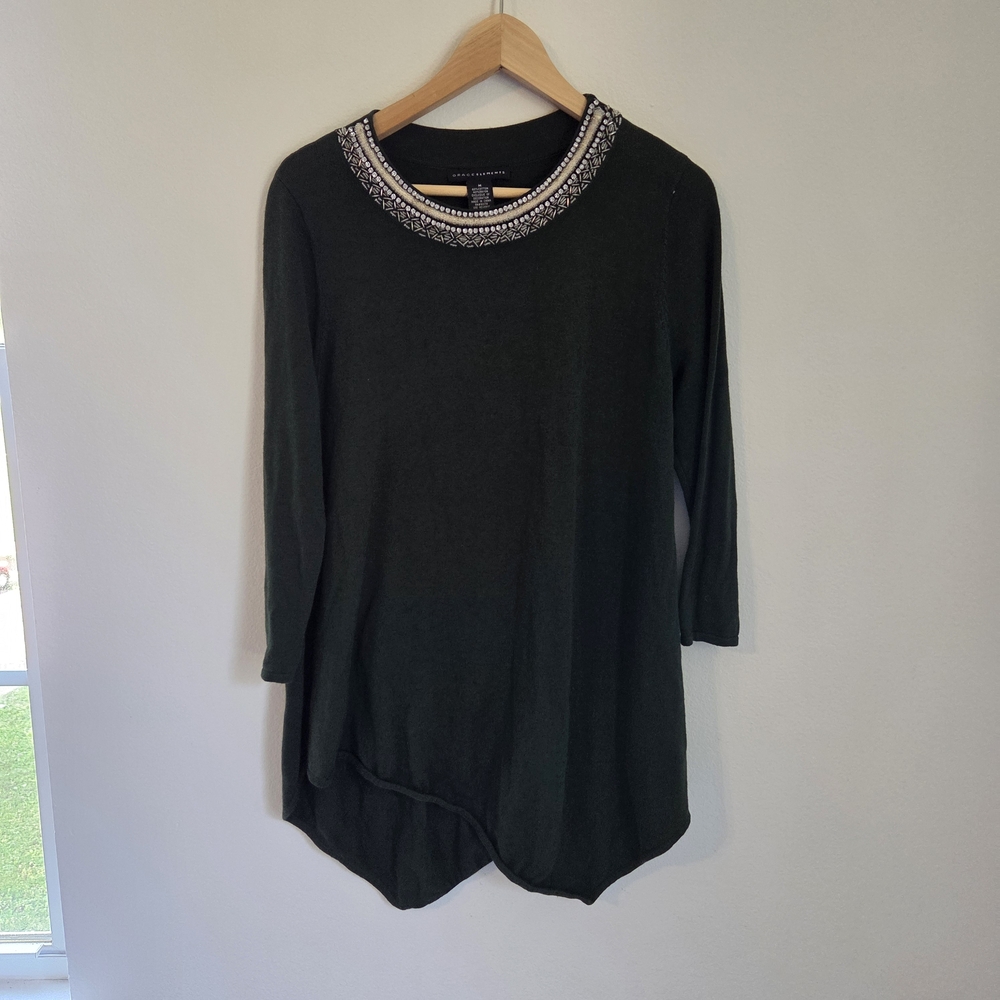 Grace Elements Dark Green Sweater with Jeweled Neckline Asymmetrical Hem Tunic M